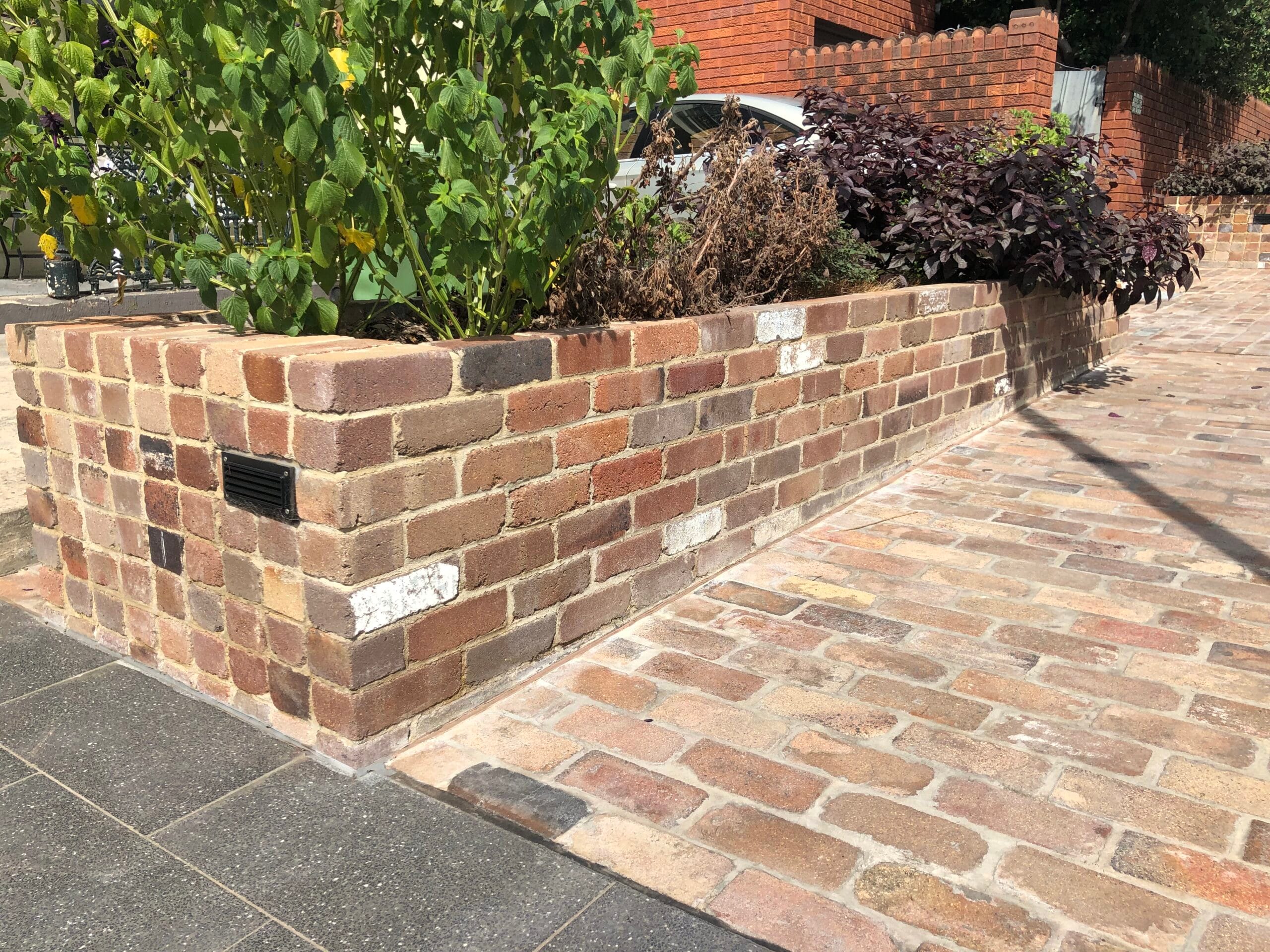 A brick planter crafted from recycled bricks is filled with green and purple plants beside a brick walkway in a sunny outdoor area.